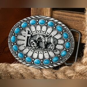 Turqouise Cowboy kneeling praying at cross With His Horse Belt Buckle